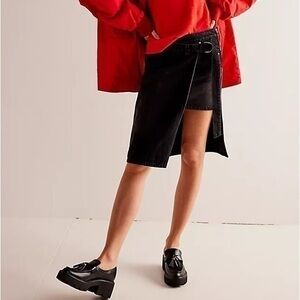 FREE PEOPLE We The Free Black On Tour Denim Wrap Skirt